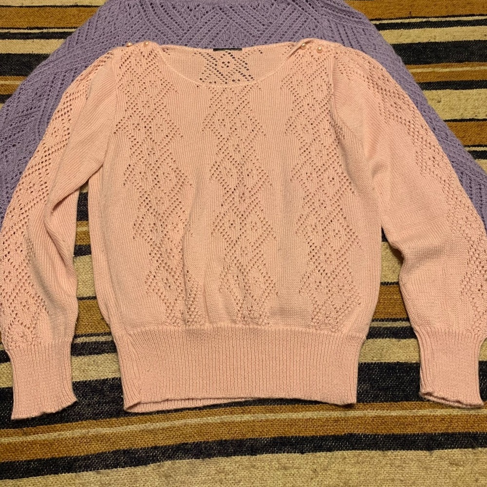Vintage Knit Sweaters Pink Lavender White Ruffle Granny Cottage Coquette Femme - Picture 4 of 9
